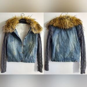 Women's (Size L) Blue Denim Jacket, Knit Sleeves, Detachable Faux Fur Collar